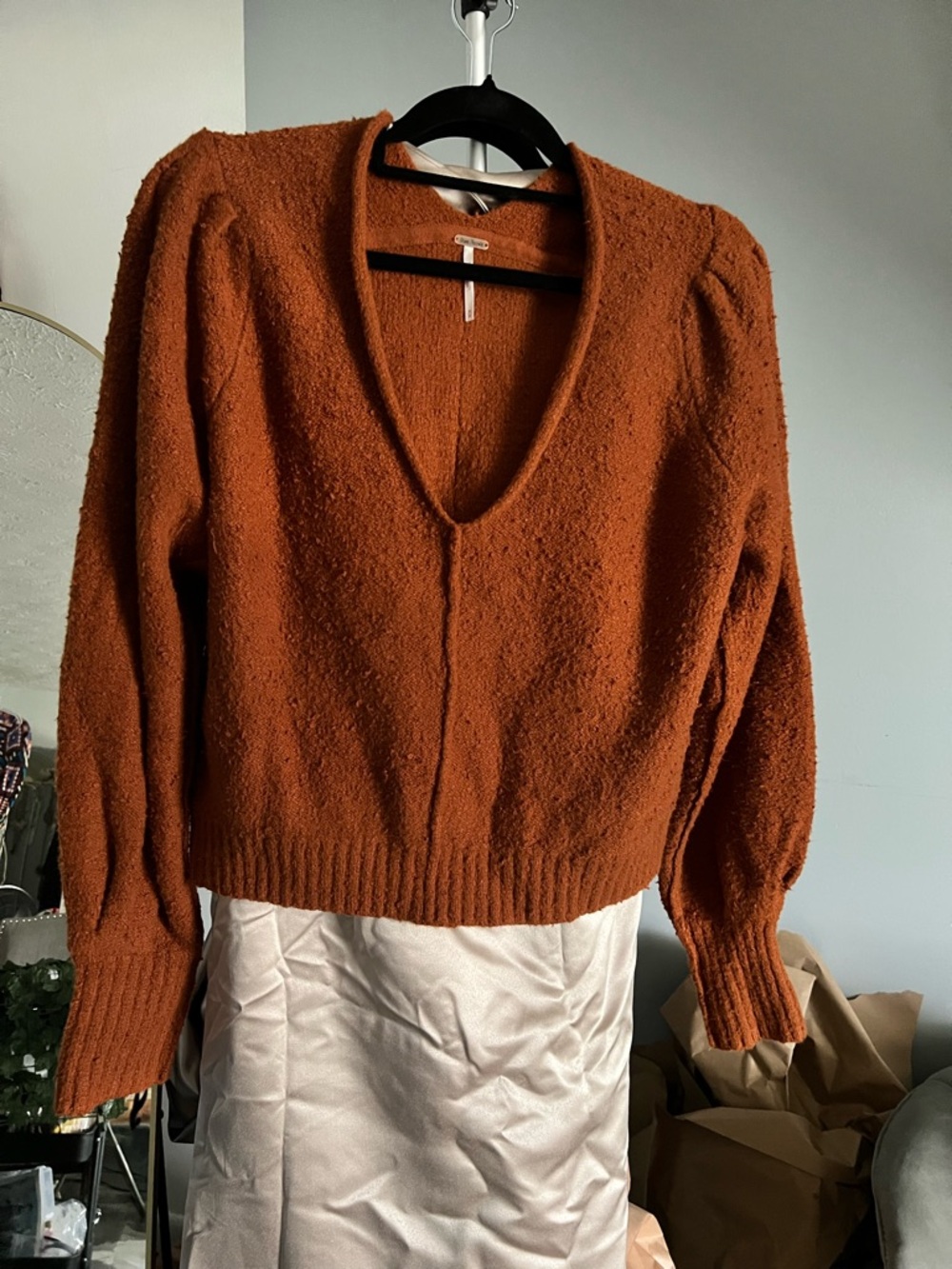 Free People Textured Deep Rust V-Neck Sweater